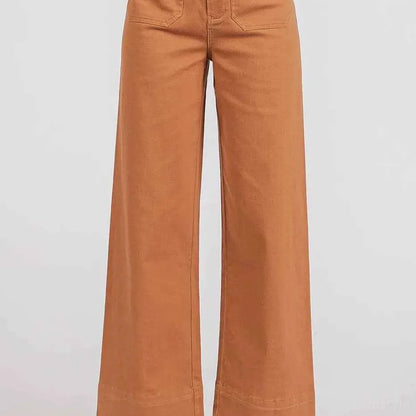 Brown Twill Patch Pocket High Rise Wide Leg Pants — square view — Livostyle