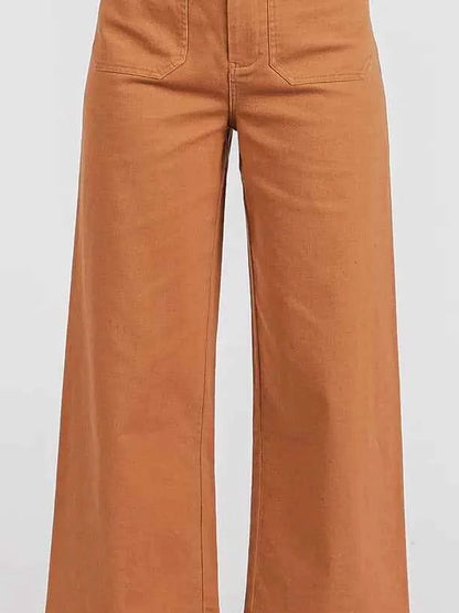 Brown Twill Patch Pocket High Rise Wide Leg Pants — detail view — Livostyle