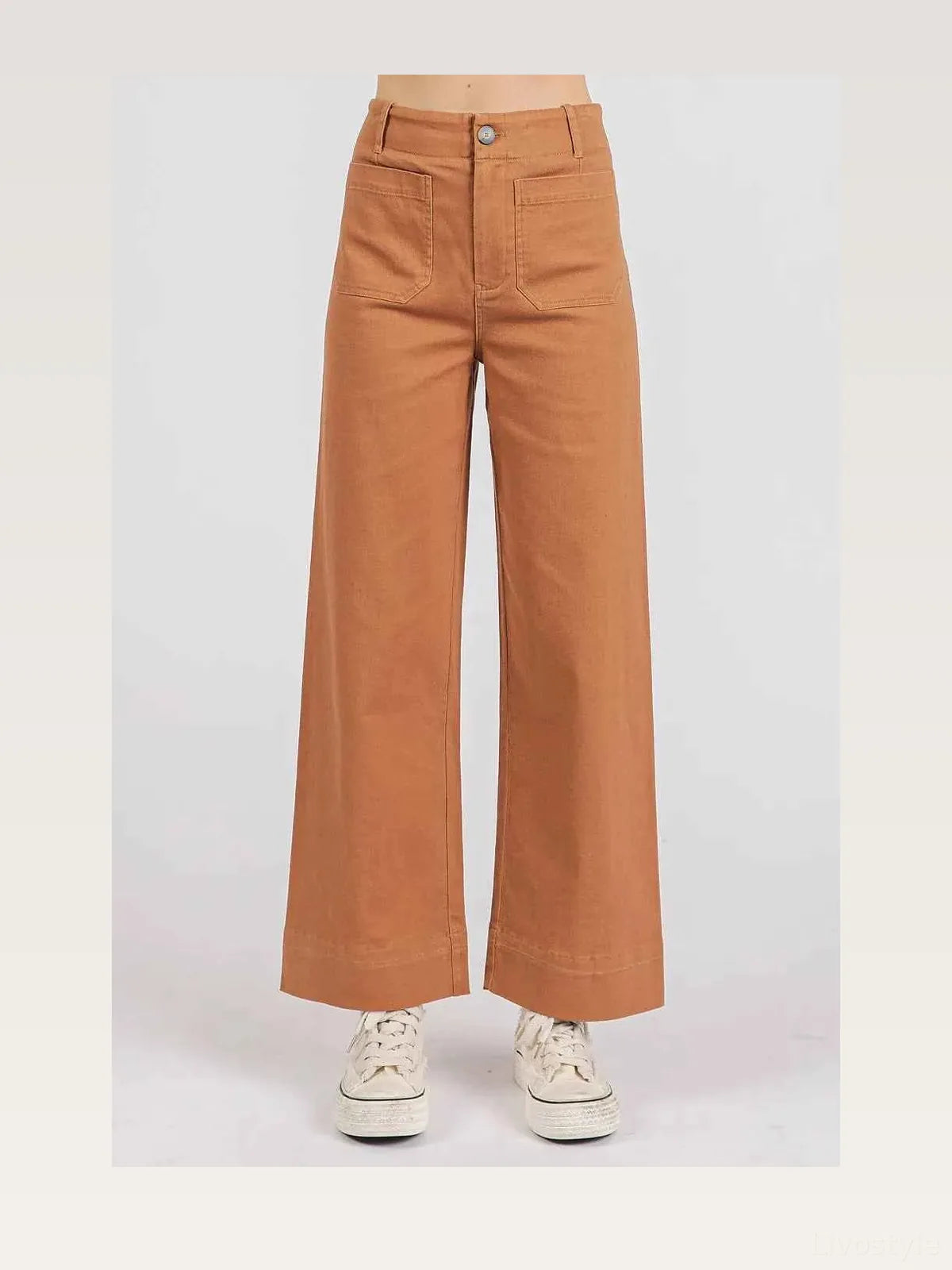 Brown Twill Patch Pocket High Rise Wide Leg Pants — styled showcase — Livostyle