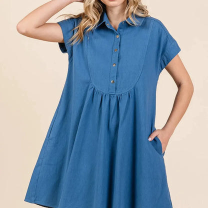 Denim Twill Short Sleeve Collared Mini Dress — square view — Livostyle