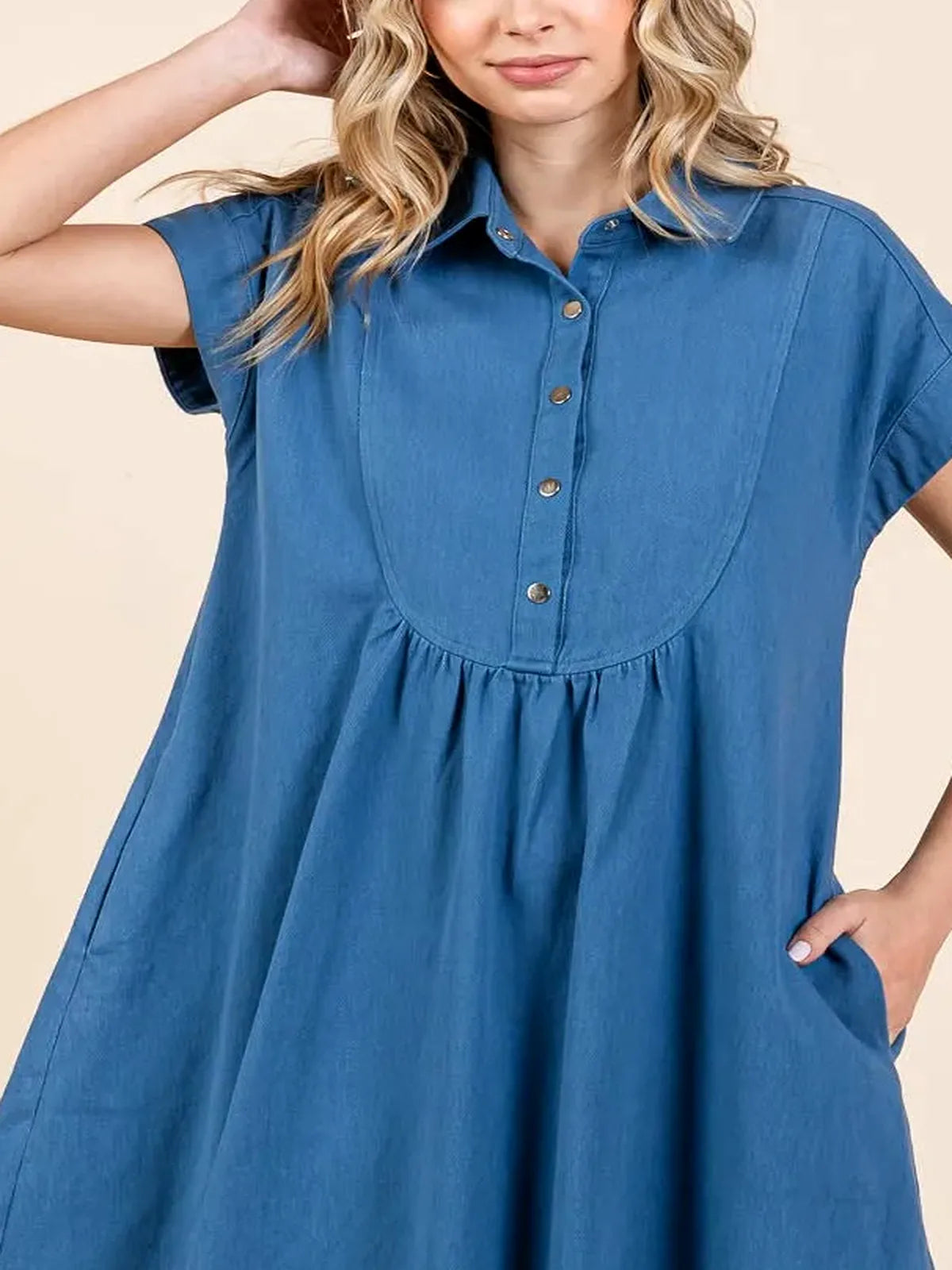 Denim Twill Short Sleeve Collared Mini Dress — detail view — Livostyle