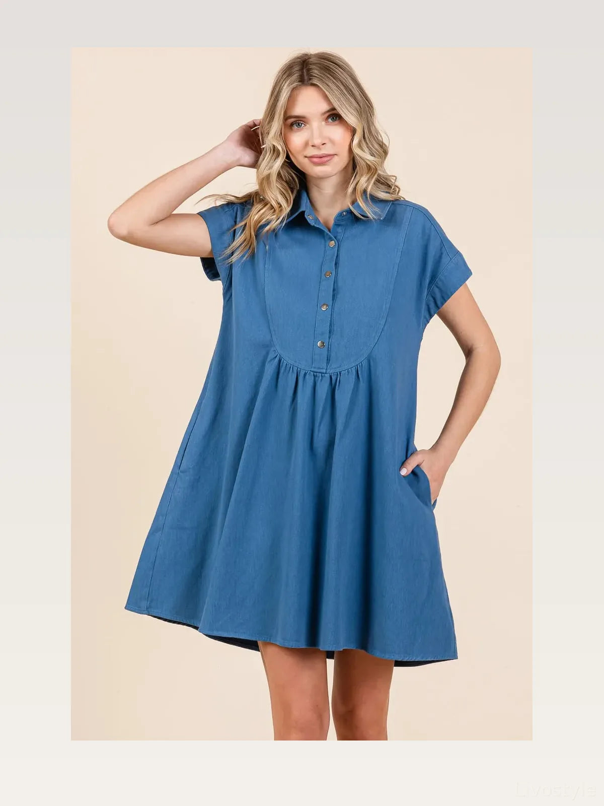Denim Twill Short Sleeve Collared Mini Dress — styled showcase — Livostyle