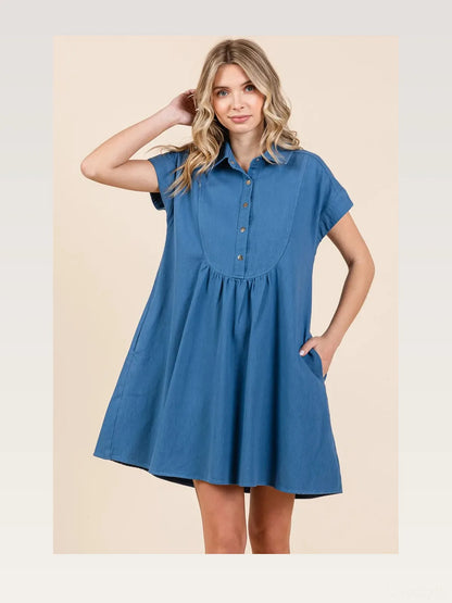 Denim Twill Short Sleeve Collared Mini Dress — styled showcase — Livostyle
