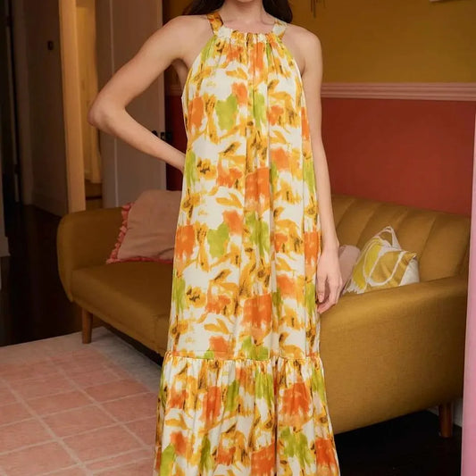 Watercolor Print Halter Neck Satin Maxi Dress — square view — Livostyle