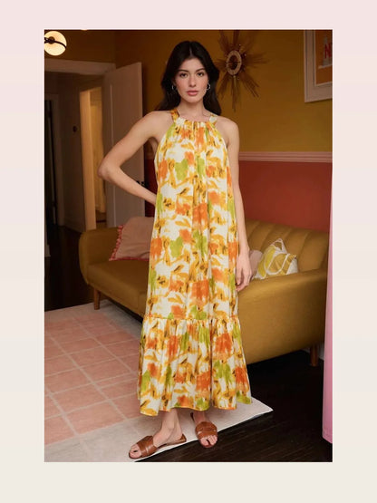 Watercolor Print Halter Neck Satin Maxi Dress — styled showcase — Livostyle
