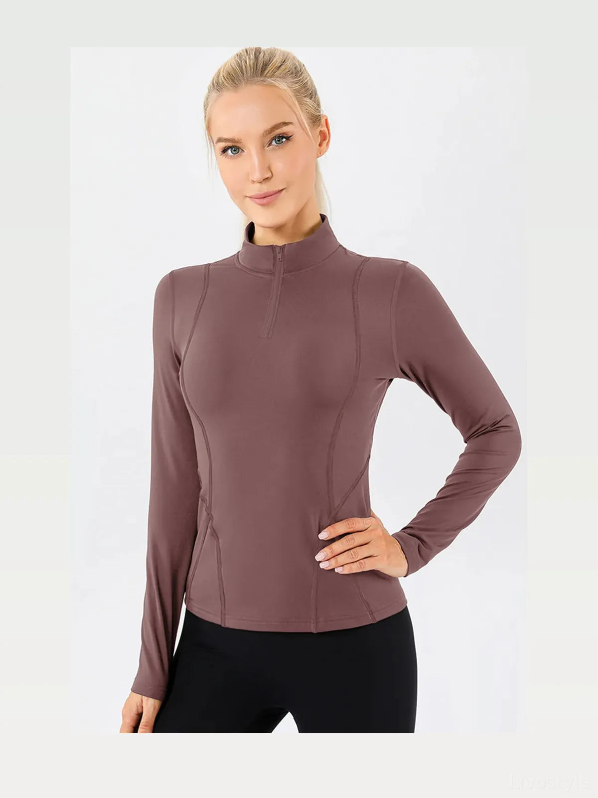 Mock Neck Quarter Zip Active T-Shirt — styled showcase — Livostyle