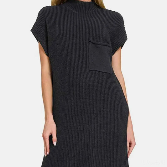 Mock Neck Short Sleeve Sweater Dress in Black — square view — Livostyle