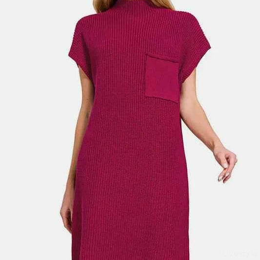 Mock Neck Short Sleeve Sweater Dress in Cabernet — square view — Livostyle