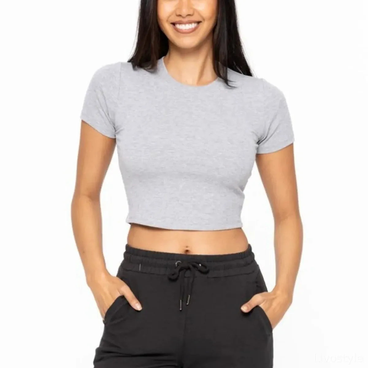 Essential Micro-ribbed Cropped Athleisure Tee in HEATHER GRE — square view — Livostyle