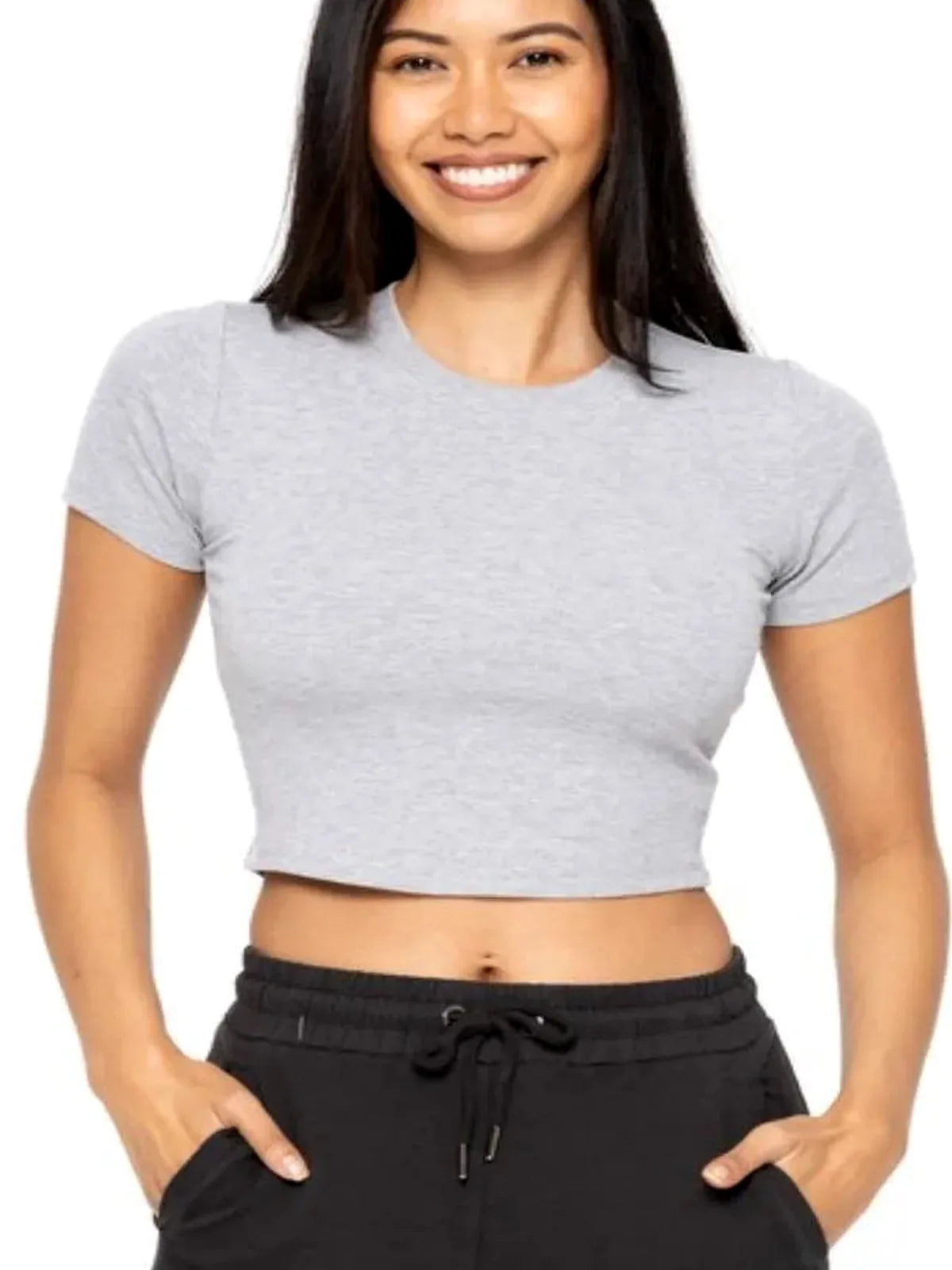 Essential Micro-ribbed Cropped Athleisure Tee in HEATHER GRE — detail view — Livostyle