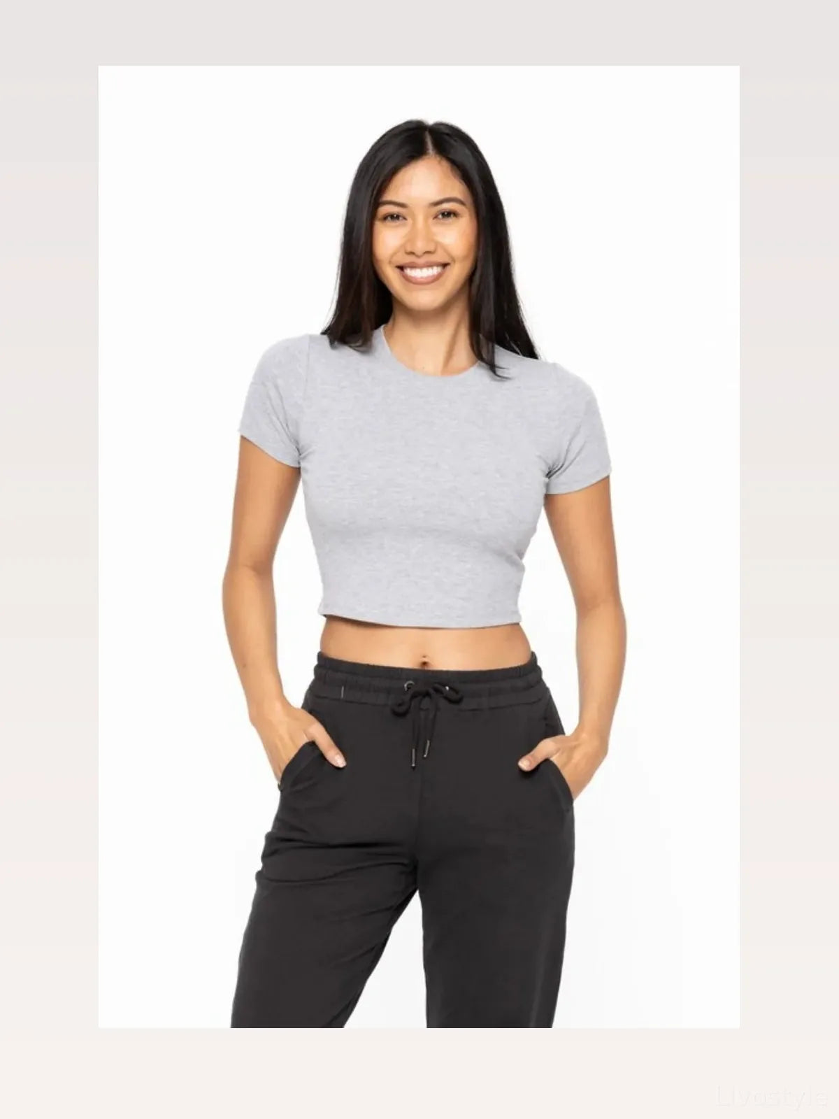 Essential Micro-ribbed Cropped Athleisure Tee in HEATHER GRE — styled showcase — Livostyle