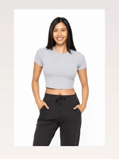 Essential Micro-ribbed Cropped Athleisure Tee in HEATHER GRE — styled showcase — Livostyle