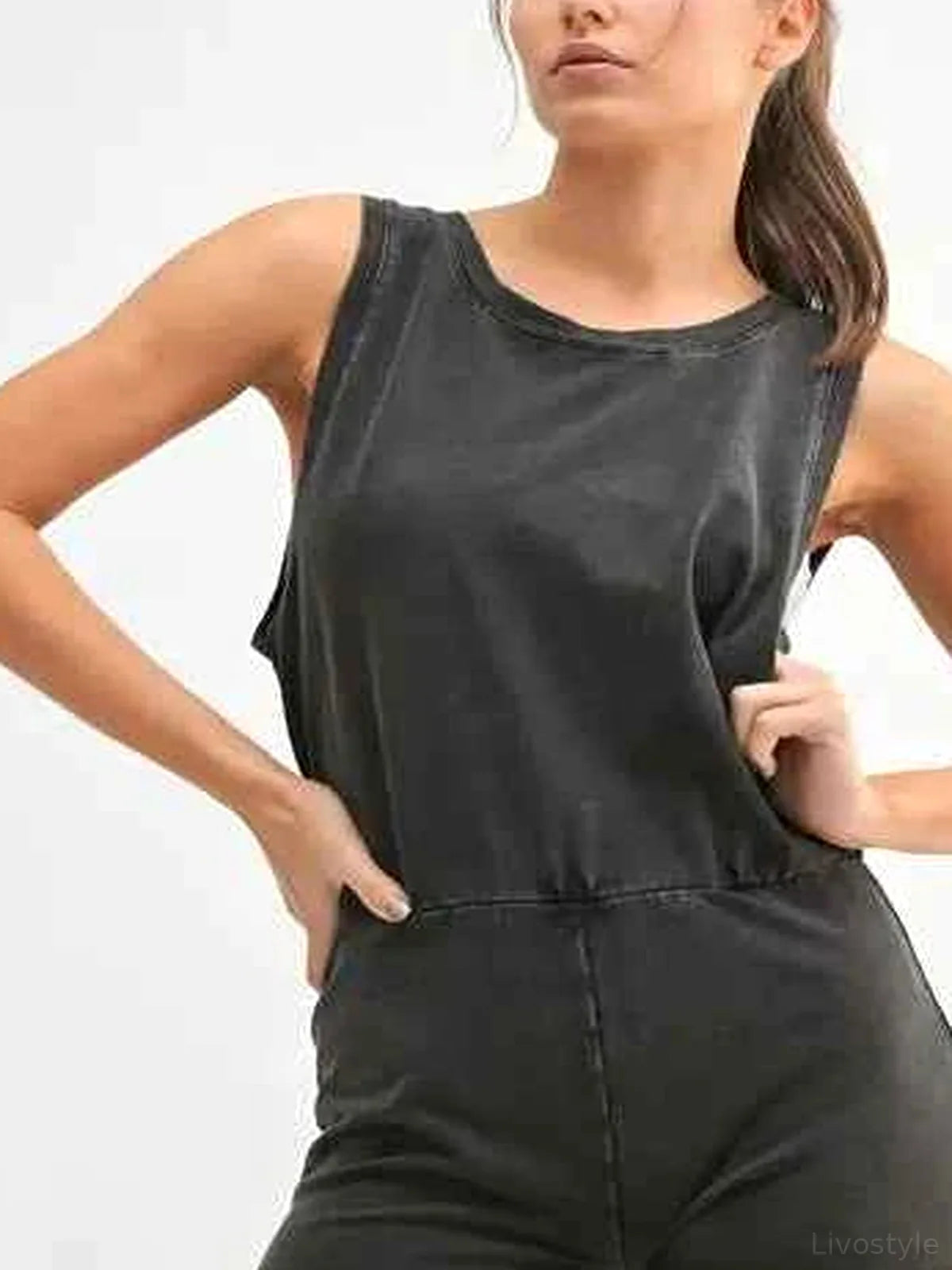 Mineral Wash Vintage Romper — detail view — Livostyle