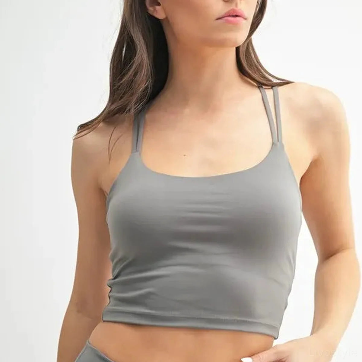 Venice Cloud Light Crisscross Sports Bra in NEW PEWTER — square view — Livostyle