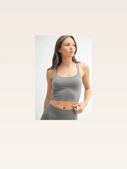 Venice Cloud Light Crisscross Sports Bra in NEW PEWTER — styled showcase — Livostyle