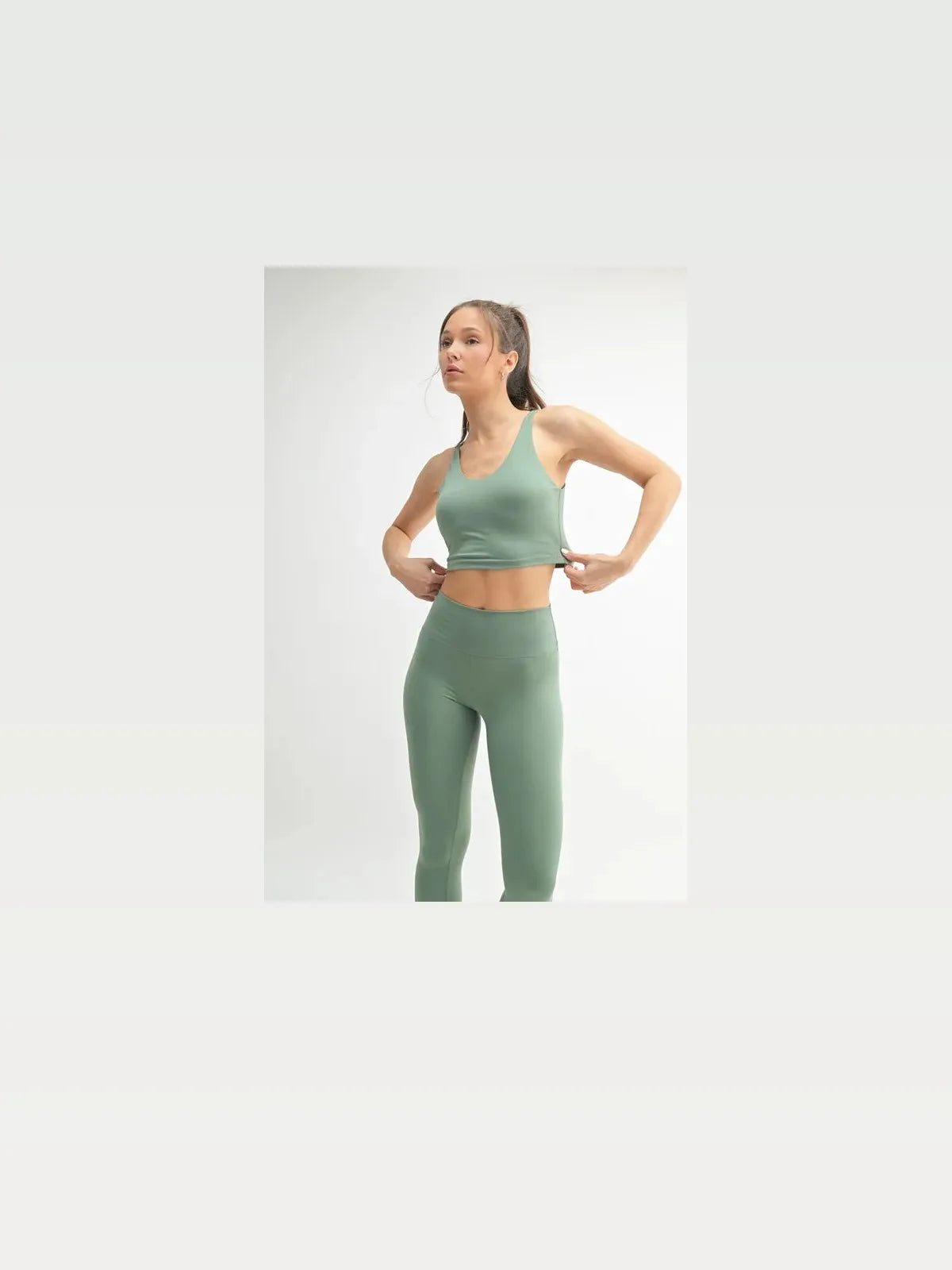 Venice Cloud Light U-back Active Tank in MOSS — styled showcase — Livostyle