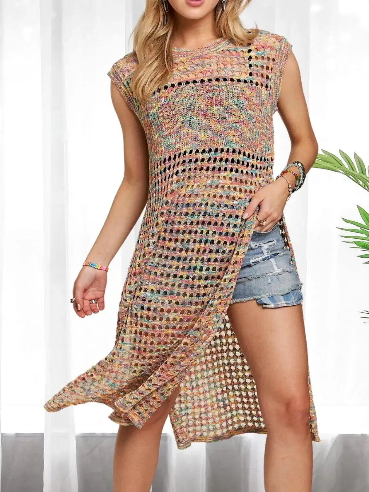 Vibrant Bohemian Crochet Tunic Top in RAINBOW — detail view — Livostyle