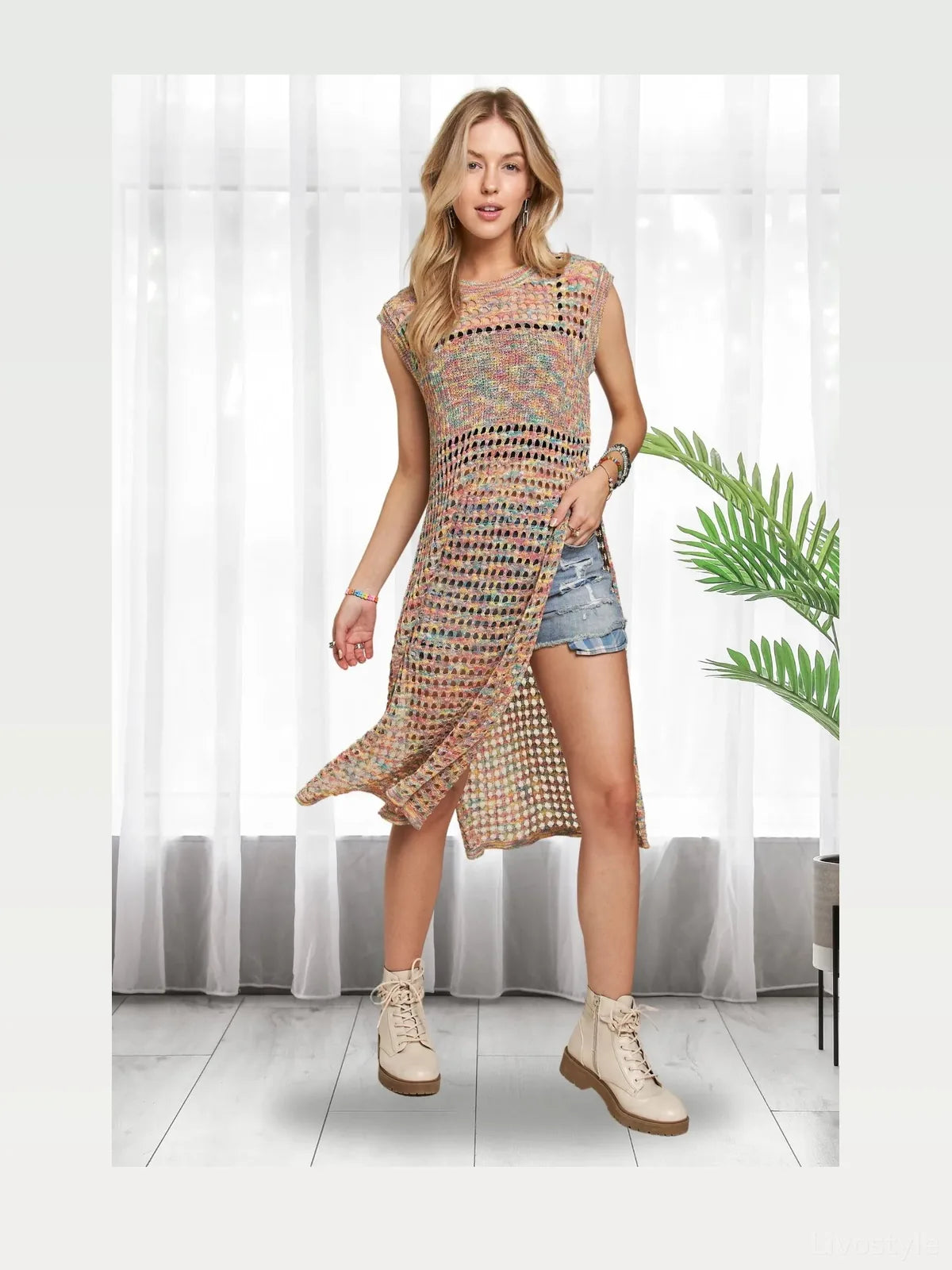 Vibrant Bohemian Crochet Tunic Top in RAINBOW — styled showcase — Livostyle