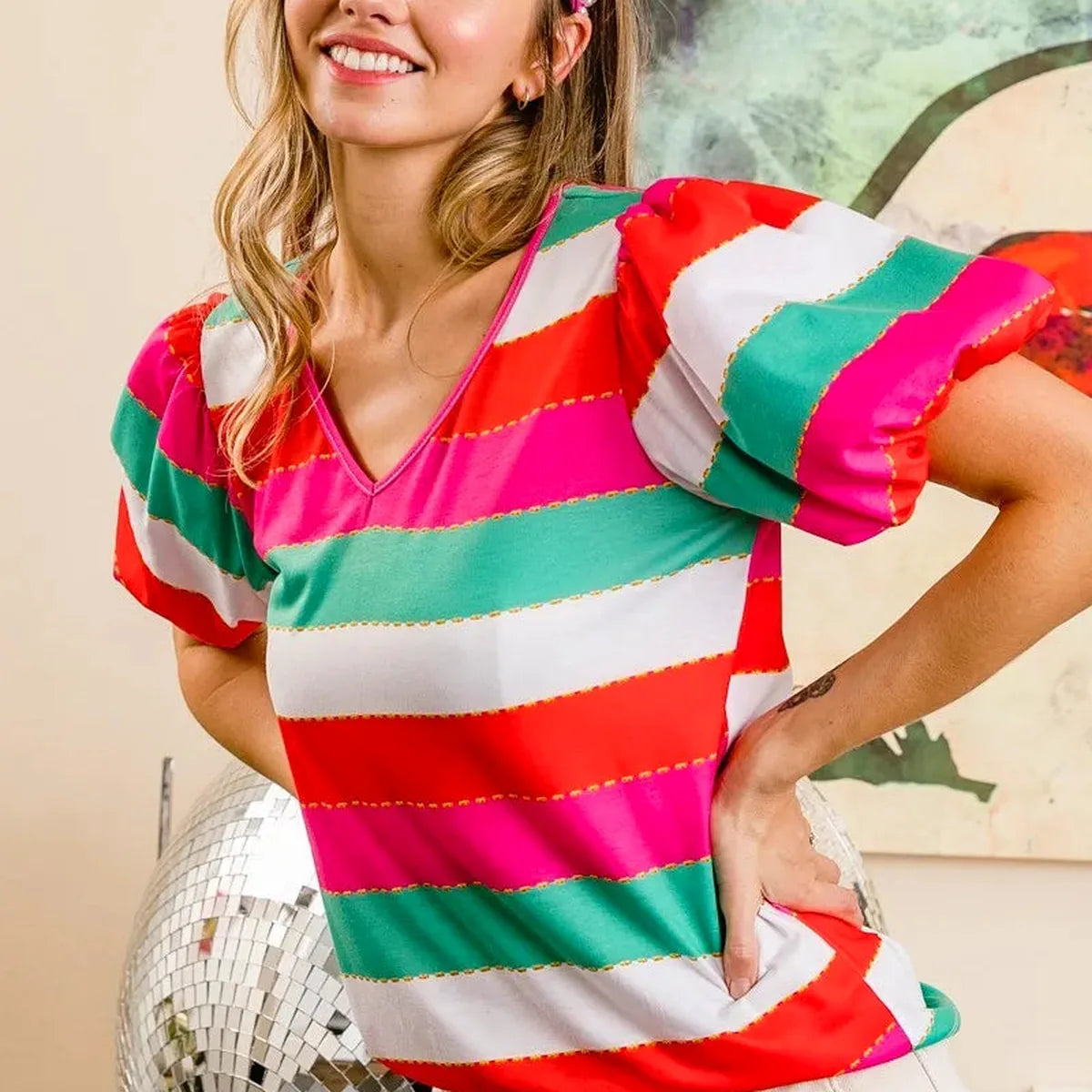 Vibrant Multi-Stripe Puff Sleeve V-Neck Top — square view — Livostyle