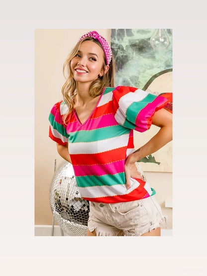 Vibrant Multi-Stripe Puff Sleeve V-Neck Top — styled showcase — Livostyle