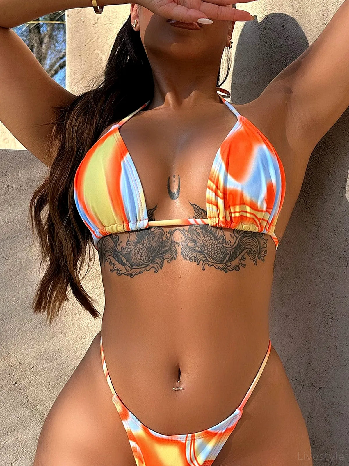 Multicolored Drawstring Ruched Three-Piece Swim Set — detail view — Livostyle