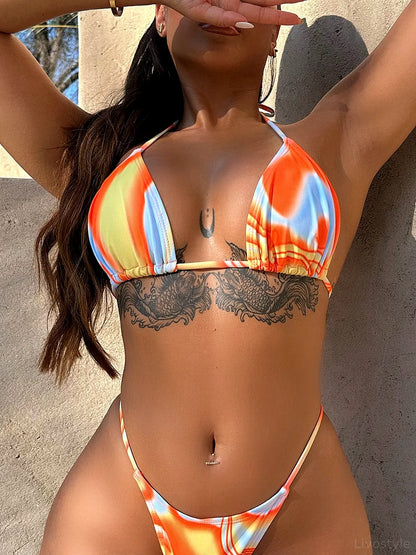 Multicolored Drawstring Ruched Three-Piece Swim Set — detail view — Livostyle