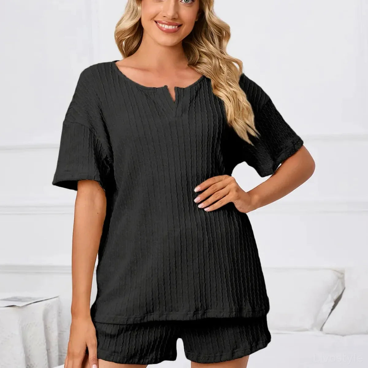 Notched Short Sleeve and Shorts Lounge Set — square view — Livostyle
