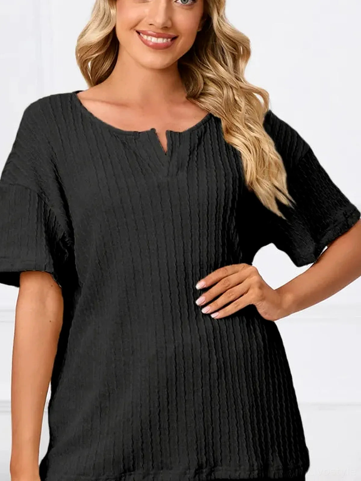 Notched Short Sleeve and Shorts Lounge Set — detail view — Livostyle
