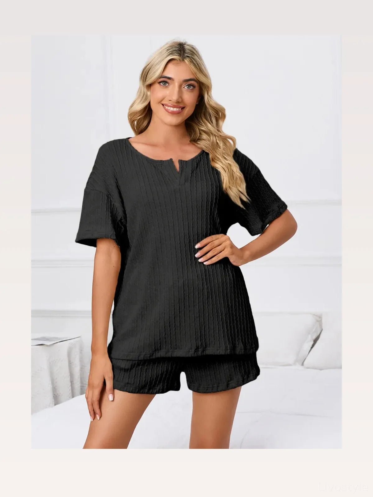 Notched Short Sleeve and Shorts Lounge Set — styled showcase — Livostyle