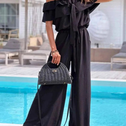 Off-Shoulder Ruffled Wide Leg Jumpsuit — square view — Livostyle