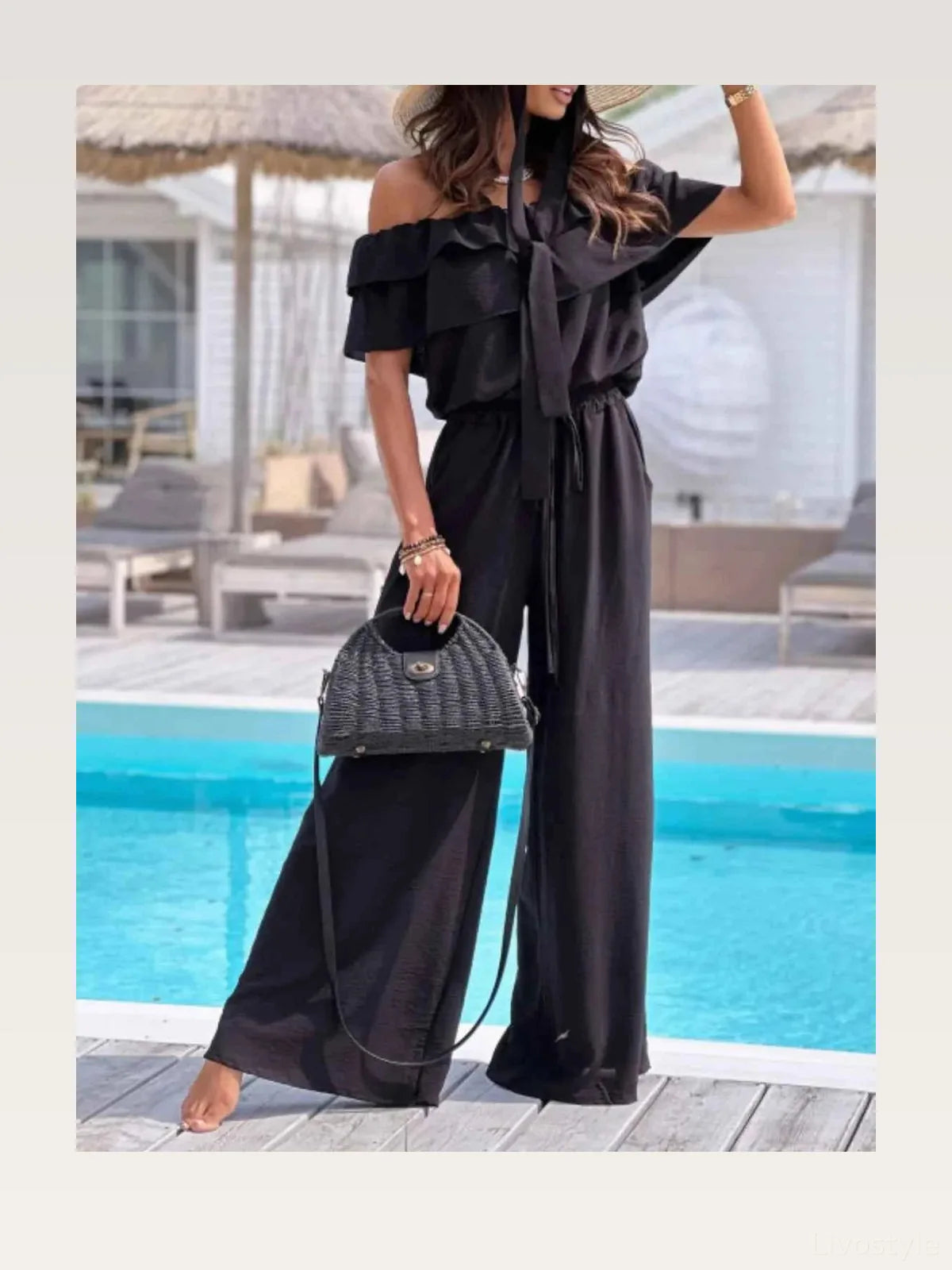 Off-Shoulder Ruffled Wide Leg Jumpsuit — styled showcase — Livostyle