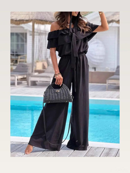 Off-Shoulder Ruffled Wide Leg Jumpsuit — styled showcase — Livostyle