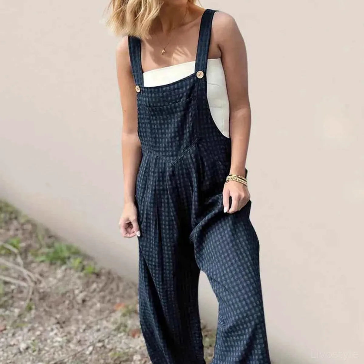 Oh Plaid Wide Leg Overalls with Pockets — square view — Livostyle
