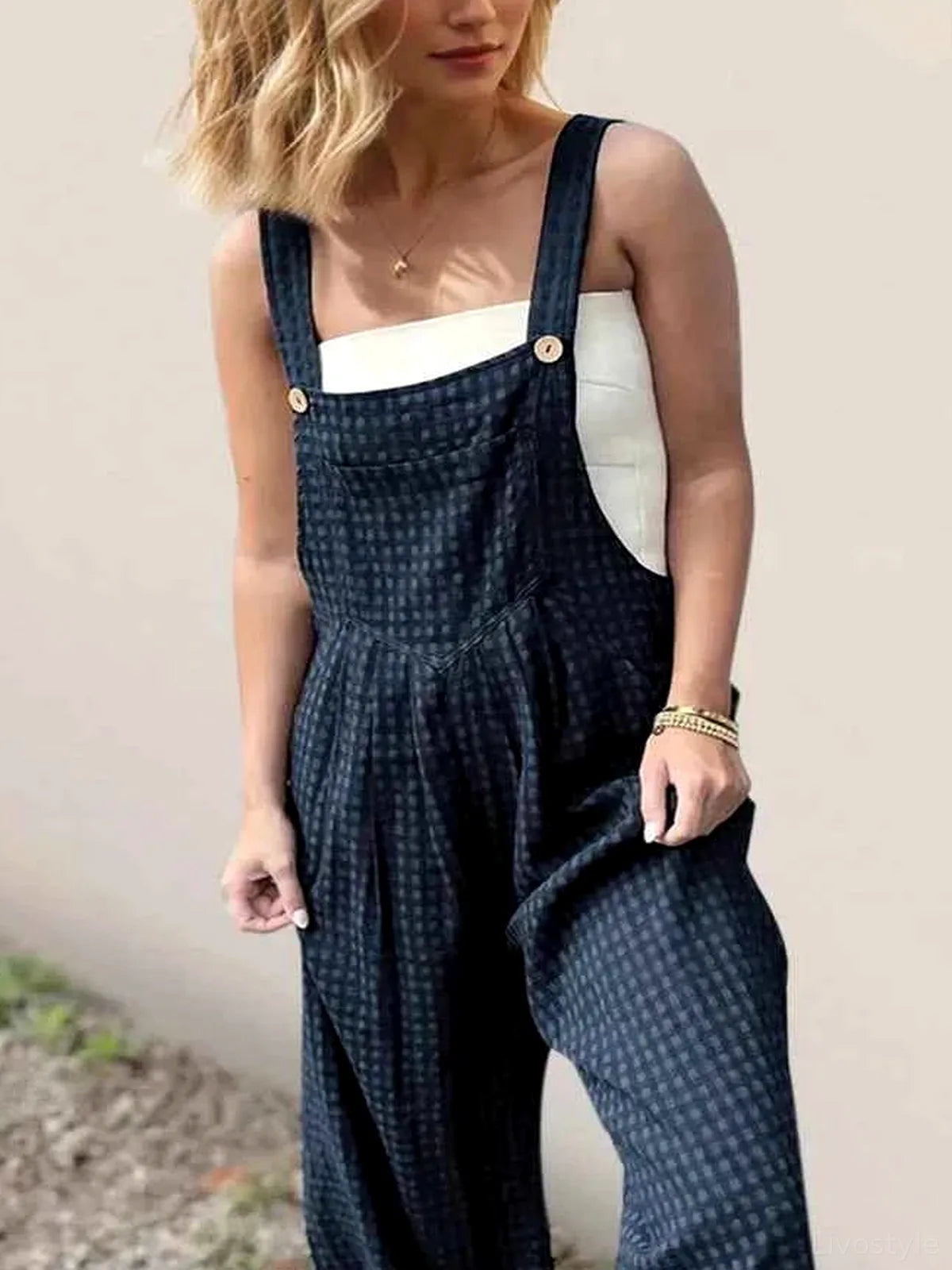 Oh Plaid Wide Leg Overalls with Pockets — detail view — Livostyle