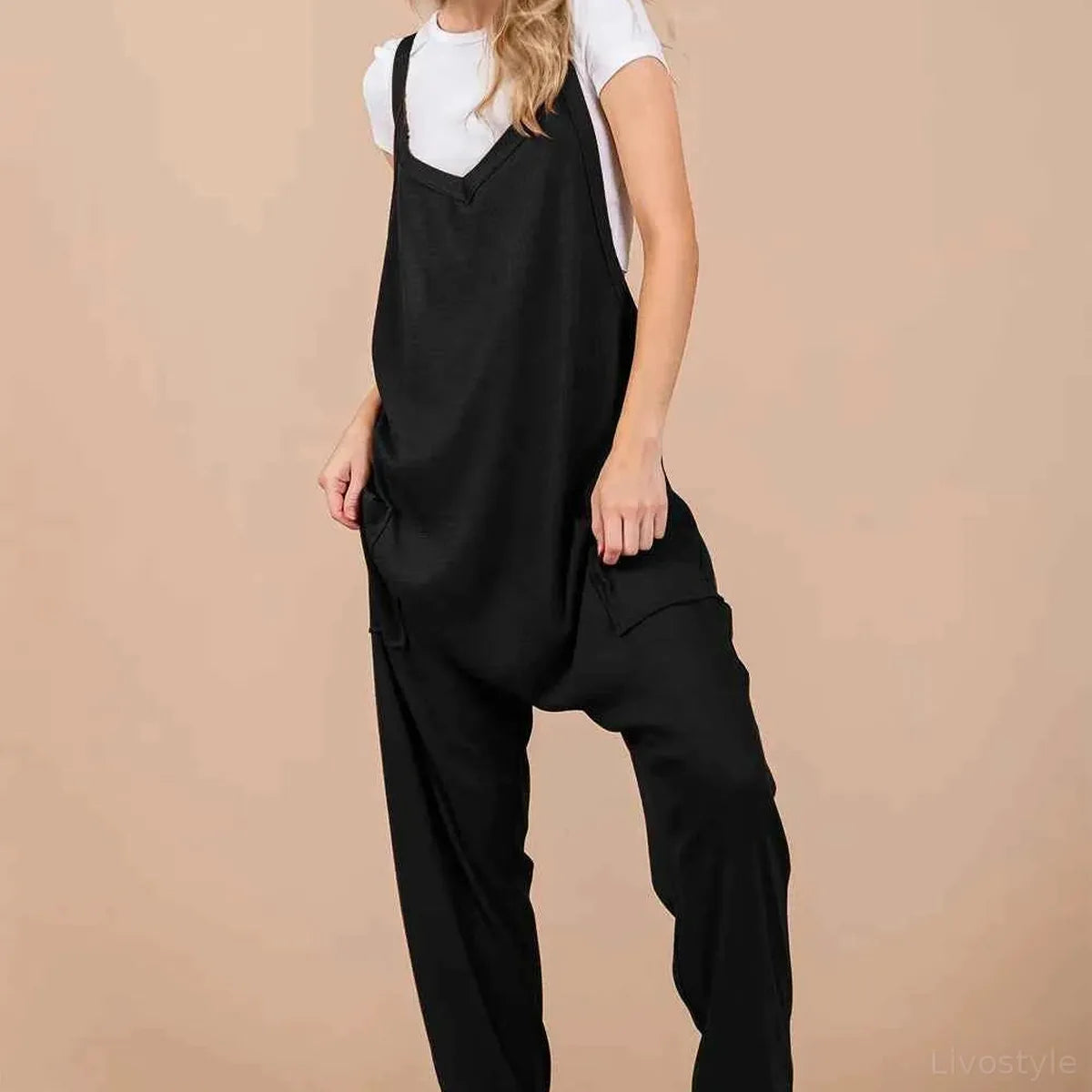 Oh V-Neck Wide Strap Overalls with Pockets — square view — Livostyle