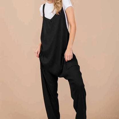 Oh V-Neck Wide Strap Overalls with Pockets — square view — Livostyle