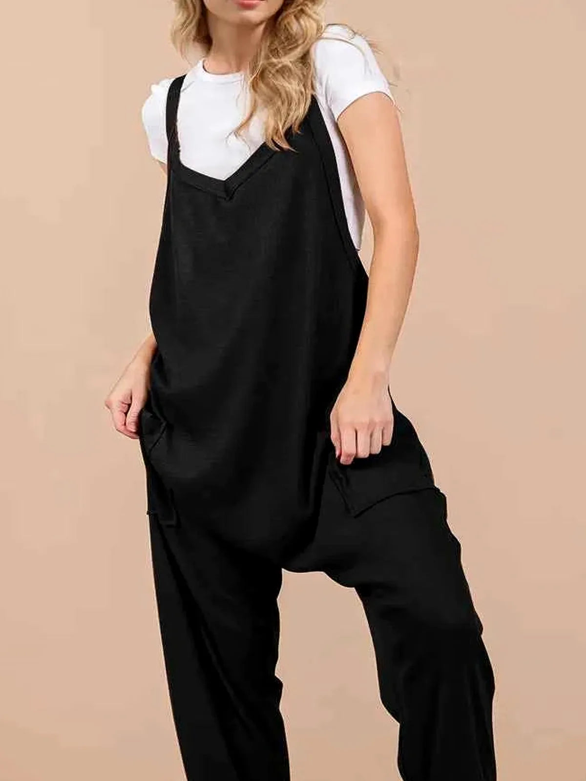 Oh V-Neck Wide Strap Overalls with Pockets — detail view — Livostyle