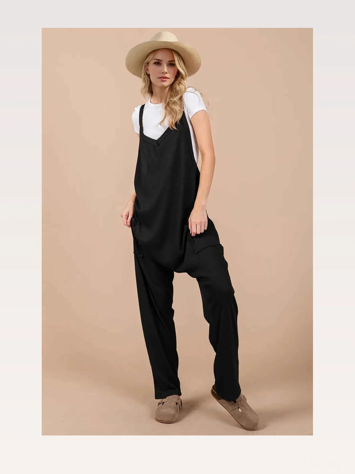 Oh V-Neck Wide Strap Overalls with Pockets — styled showcase — Livostyle