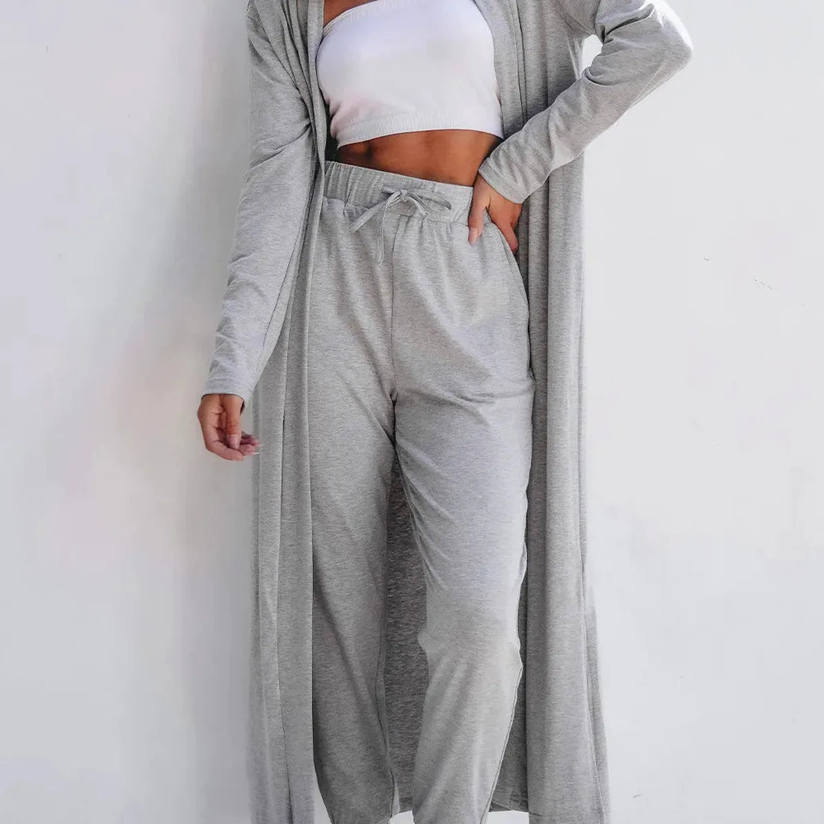 Open Front Long Sleeve Cardigan and Pants Lounge Set — square view — Livostyle