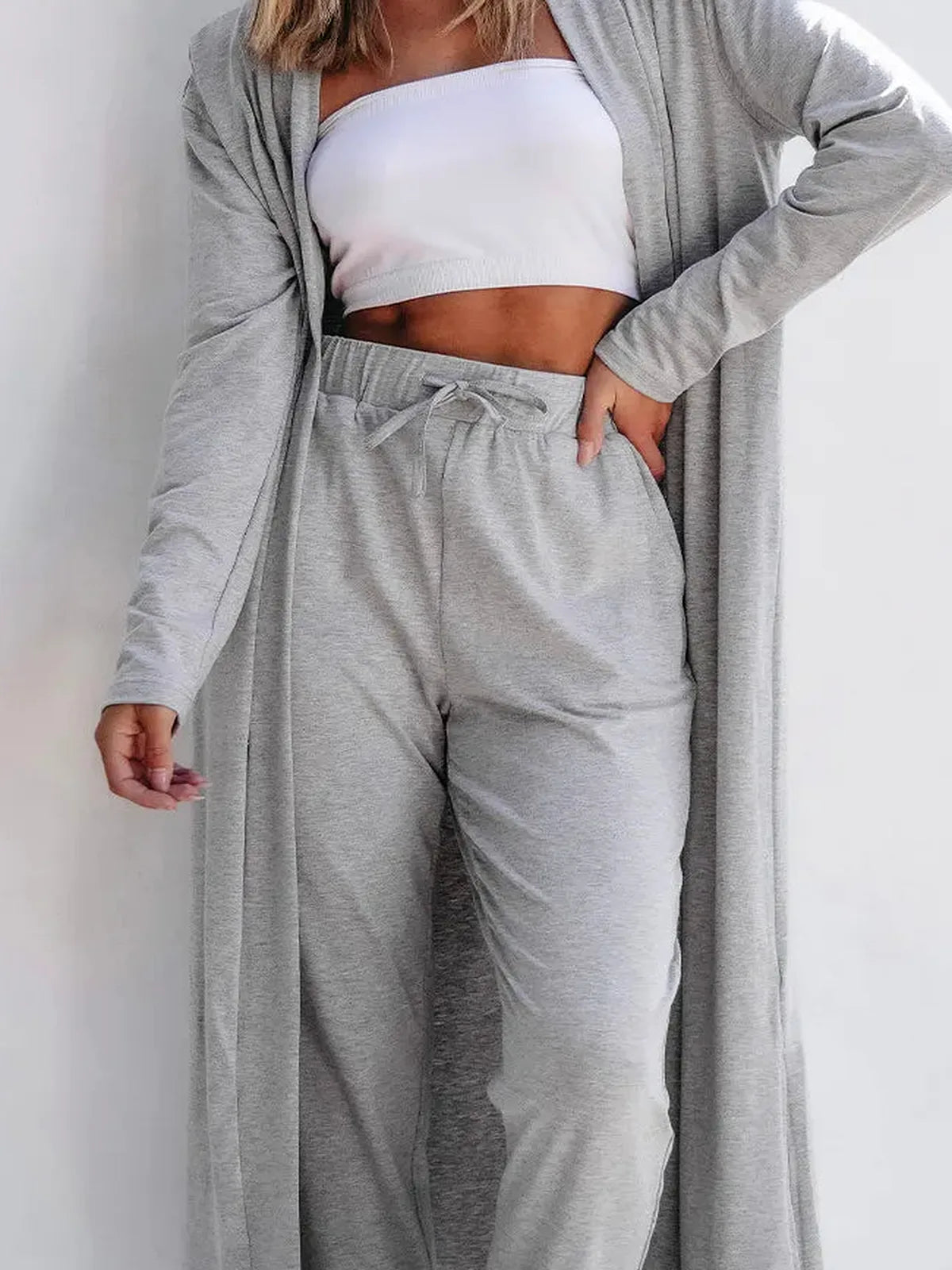 Open Front Long Sleeve Cardigan and Pants Lounge Set — detail view — Livostyle