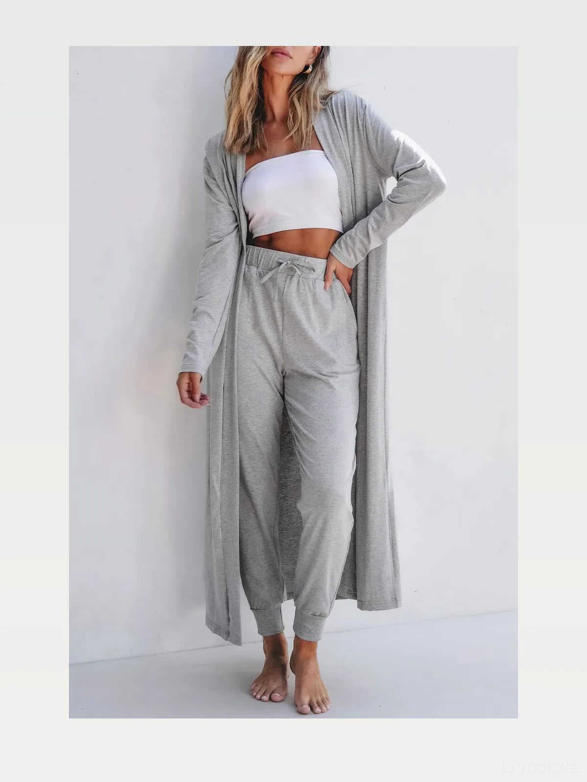 Open Front Long Sleeve Cardigan and Pants Lounge Set — styled showcase — Livostyle
