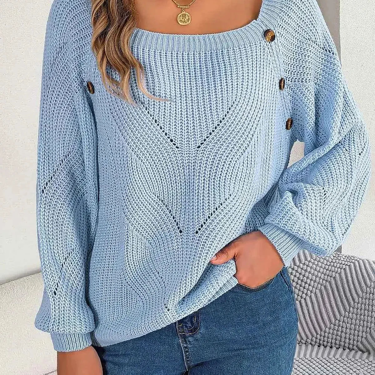 Openwork Buttoned Square Neck Sweater — square view — Livostyle