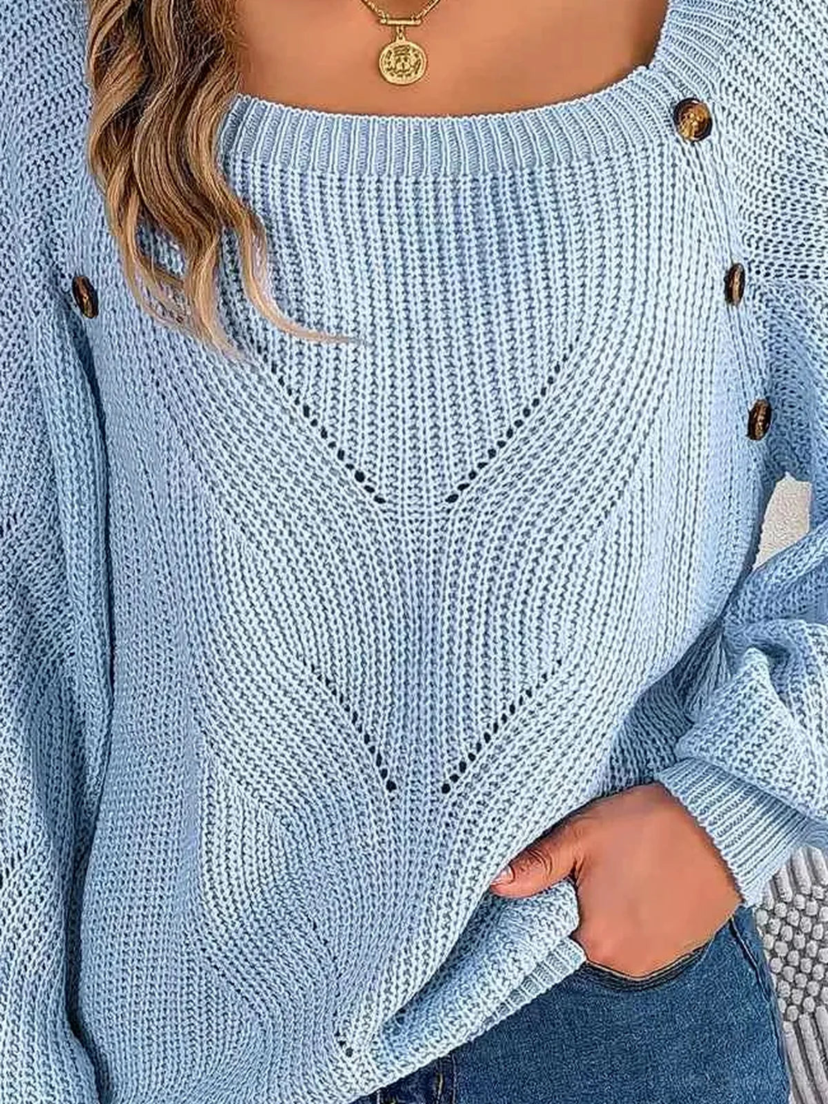 Openwork Buttoned Square Neck Sweater — detail view — Livostyle