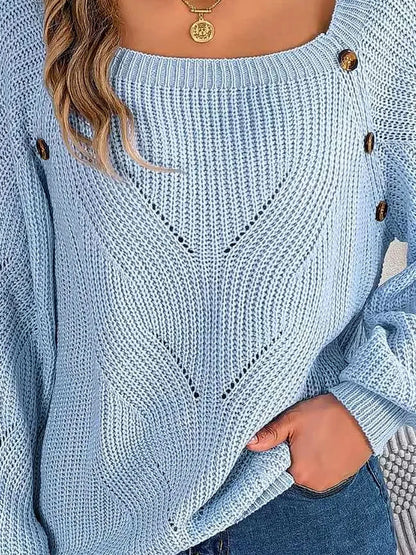 Openwork Buttoned Square Neck Sweater — detail view — Livostyle