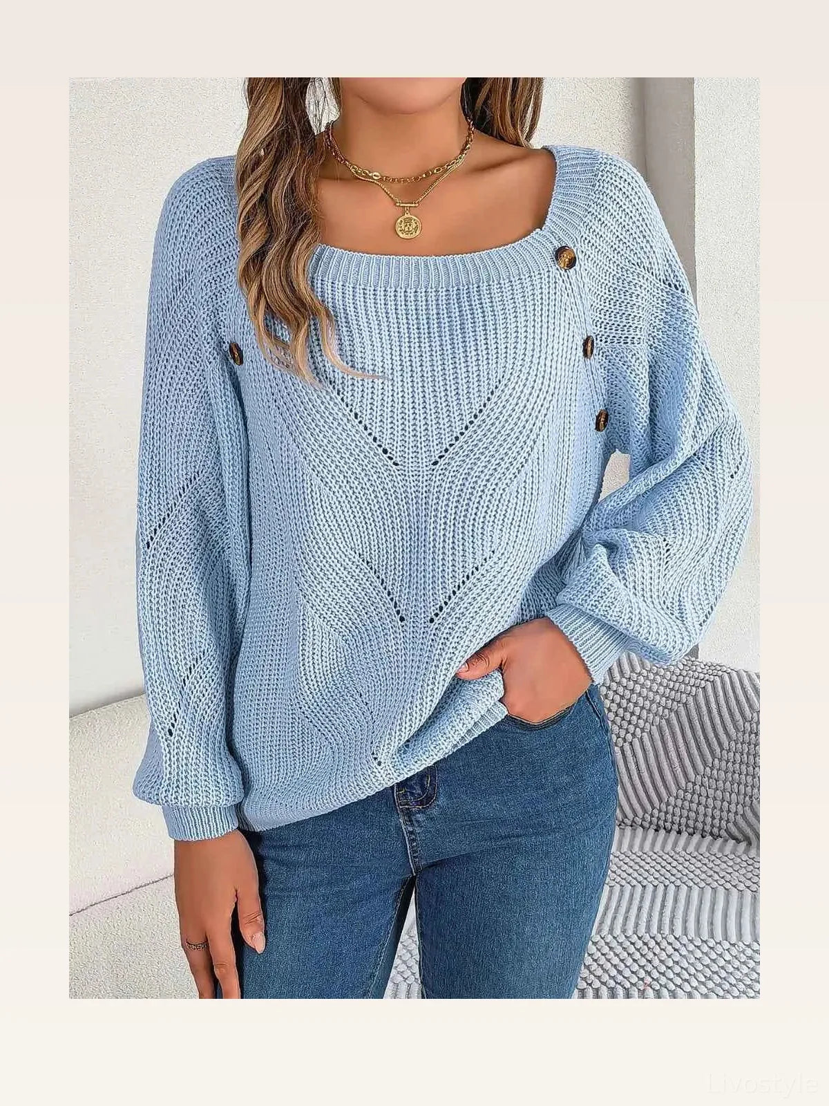 Openwork Buttoned Square Neck Sweater — styled showcase — Livostyle