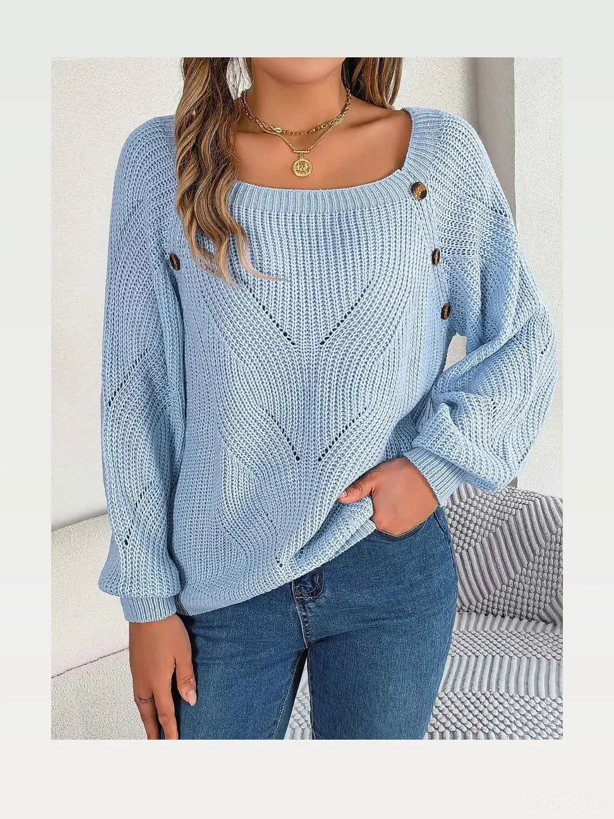 Openwork Buttoned Square Neck Sweater — styled showcase — Livostyle