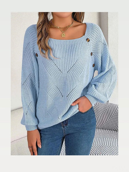 Openwork Buttoned Square Neck Sweater — styled showcase — Livostyle