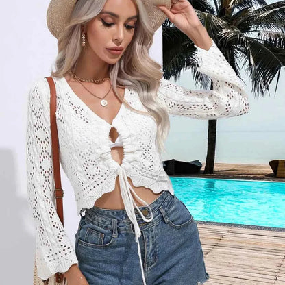Openwork Drawstring V-Neck Long Sleeve Cover-Up — square view — Livostyle