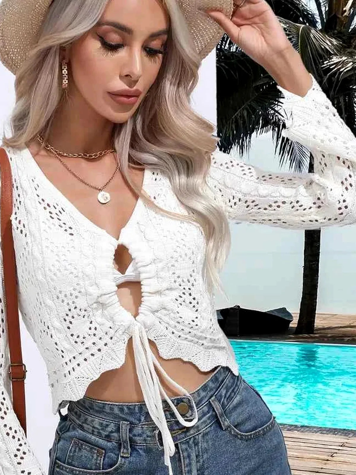 Openwork Drawstring V-Neck Long Sleeve Cover-Up — detail view — Livostyle
