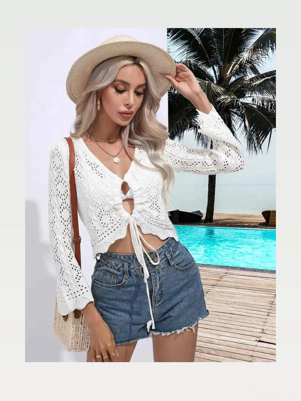 Openwork Drawstring V-Neck Long Sleeve Cover-Up — styled showcase — Livostyle